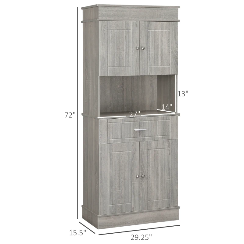 HOMCOM 72" Kitchen Buffet with Hutch, Freestanding Pantry Cabinet with Utility Drawer, 2 Door Cabinets, Adjustable Shelves and Countertop, Gray Wood Grain