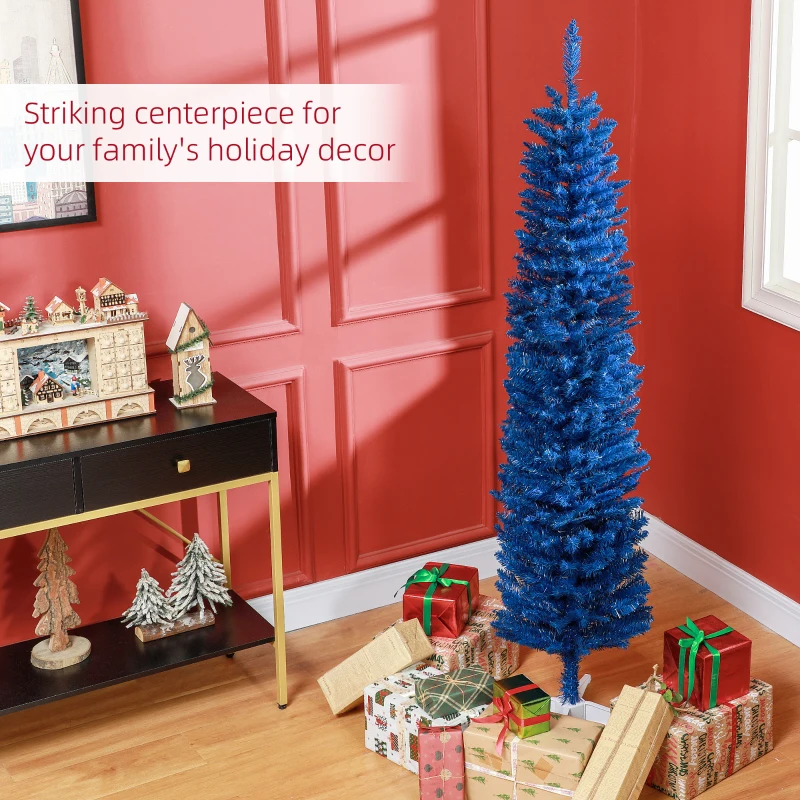 HOMCOM 7' Pencil Christmas Tree, Slim Artificial Xmas Tree with Realistic Branches, Sturdy Metal Stand, Deep Blue