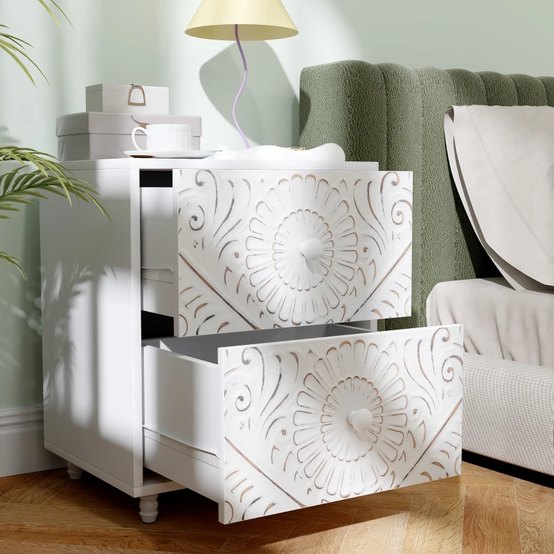 HOMCOM Mid-Century Bedside Table, Nightstand with 2 Drawers, Side End Table for Bedroom, White