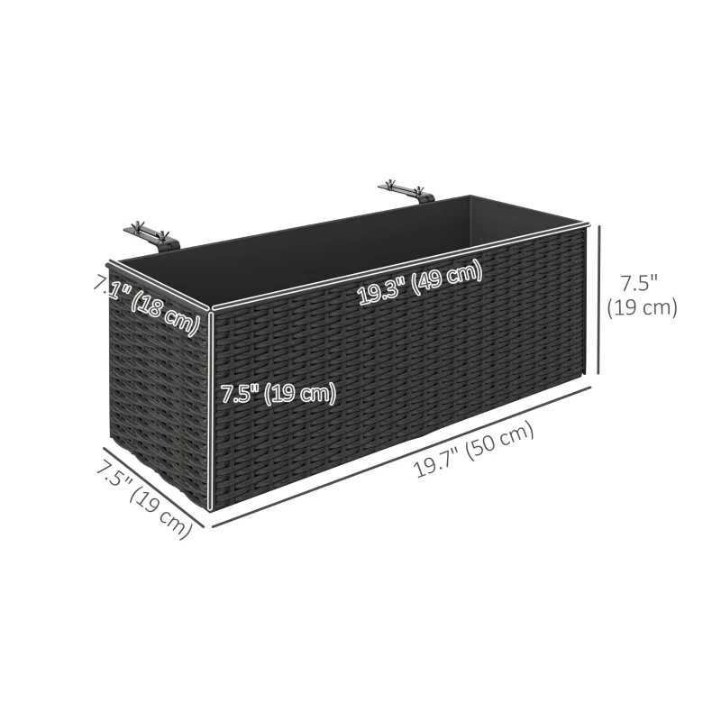 Outsunny 2 Pack 20 Inch Self-Watering Hanging Flower Pots, Railing Planter Box for Fence, Garden, Rattan Look, Black