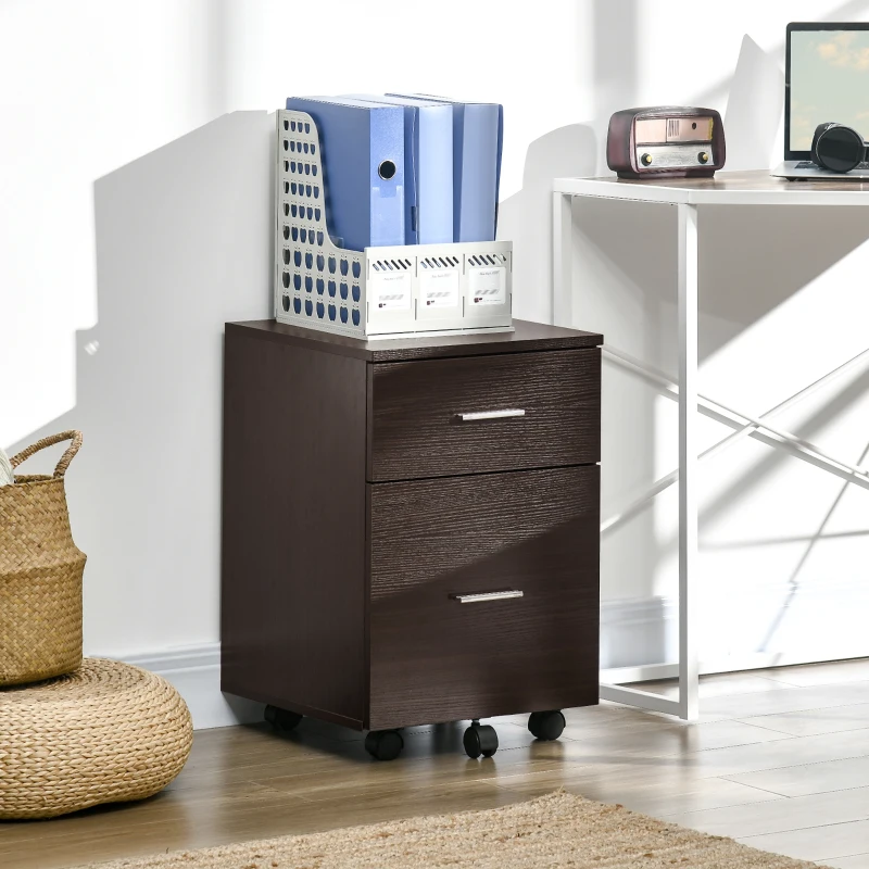 Vinsetto Mobile Filing Cabinet, Vertical File Cabinet with 2 Drawers, Wheels, for Letter or A4 File, Brown