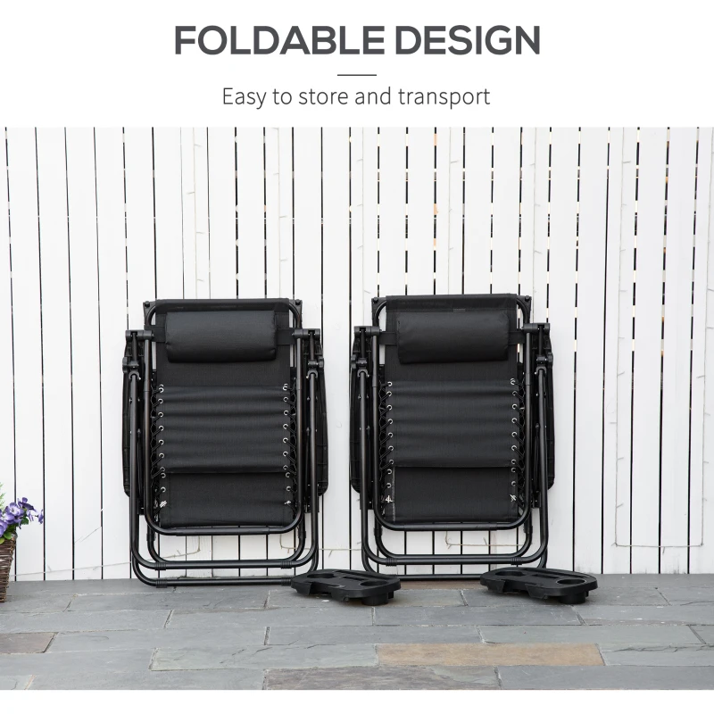 Outsunny 2 Piece Foldable Lounge Chair with Canopy Shade, Outdoor Zero Gravity Chair w/ Side Tray & Cup Holder, Reclining Lounger w/ Breathable Mesh Fabric Seat, Pillow, Black