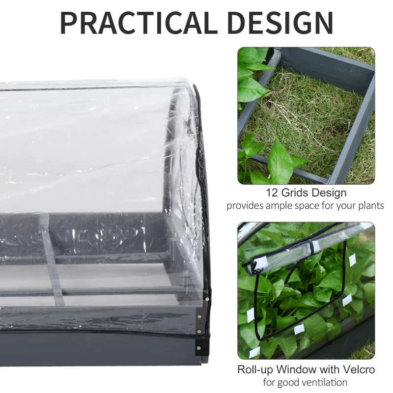 Outsunny 47" x 31" x 21" 12 Grids Garden Bed Planter Kit Box with Greenhouse with 2 Roll Up Windows Dual Use, Outdoor, PVC Cover