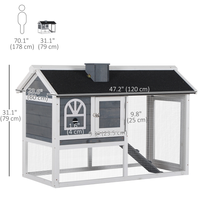 PawHut Wooden Rabbit Hutch with Run, Tray, Ramp, Asphalt Roof, Grey