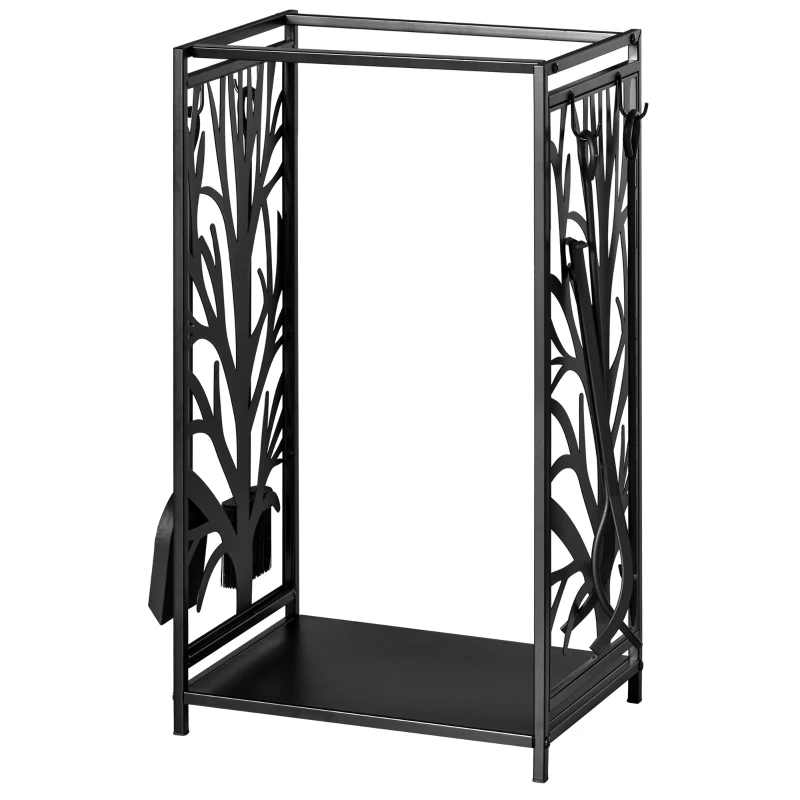 HOMCOM Firewood Rack with 4 Tools, Log Holder for Fireplace, Outdoor Indoor Wood Storage Stacker, 18.1" x 11.8" x 27.6", Black