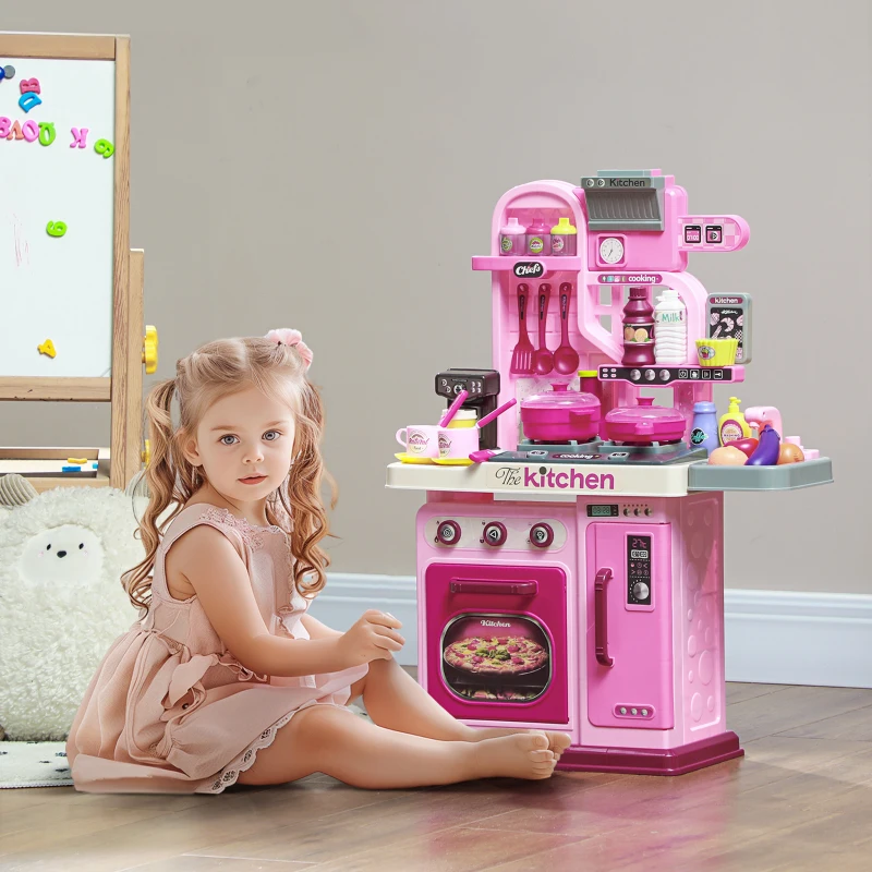 Qaba Kids Play Kitchen with Lights, Sounds, 33 Accessories & Storage for Toddler 3-6 Years