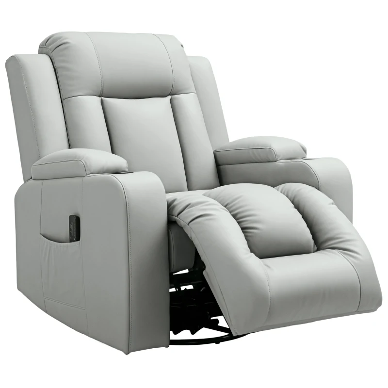 HOMCOM Recliner Chair with 8 Vibration, Overstuffed PU Leather Reclining Chair with Wide Seat, Cup Holders, Rocking, Light Grey