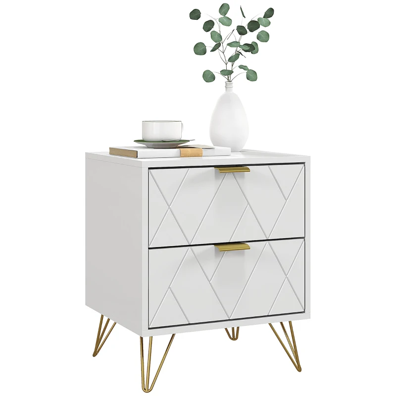 HOMCOM Modern Bedside Table, Accent Nightstand with 2 Drawers, Bed End Table for Bedroom, Living Room, White