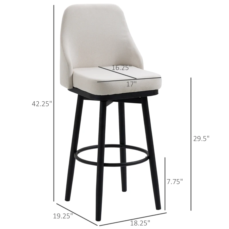 HOMCOM Extra Tall Bar Stools Set of 2, Modern 360° Swivel Barstools, Dining Room Chairs with Steel Legs Footrest, Cream White