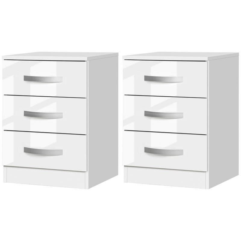 HOMCOM Modern Nightstand Set of 2, Bedside Tables with 3 High Gloss Drawers for Bedroom, White
