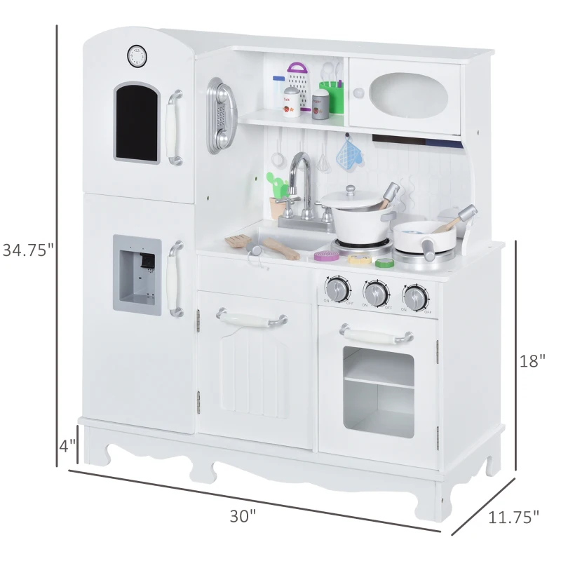 Qaba Kids Kitchen Playset with Telephone, Wooden Kitchenette for kids with Cookware, Storage Cabinet, Water Dispenser, Blackboard, Toddler Pretend Play Kitchen with Cooking Accessories for Aged 3+