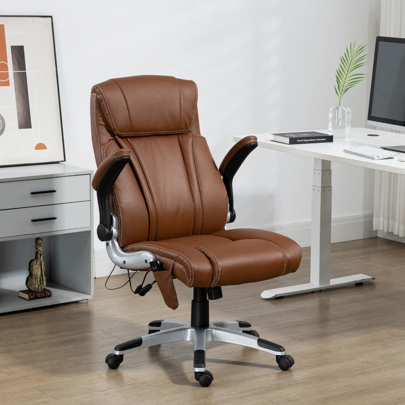 Vinsetto Executive Massage Office Chair with 6 Vibration Points, Heated Faux Leather Computer Desk Chair with Flip-up Armrest, Adjustable Height, Swivel Wheel, Brown