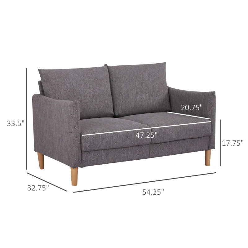 HOMCOM 54" Loveseat Sofa for Bedroom, Modern Love Seats Furniture, Upholstered Small Couch for Small Space, Dark Grey