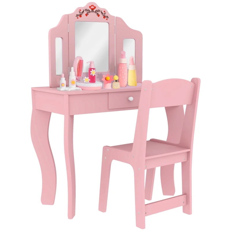 Qaba Kids Vanity Set, Dual-Use Dressing Table with Removable Tri-Folding Mirror and Drawer, for Ages 3-8, Pink