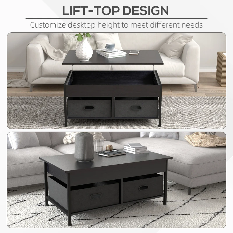 HOMCOM Industrial Coffee Table, Lift Top Coffee Table with Storage, Live Edge Coffee Table with Open Shelves and Fabric Boxes
