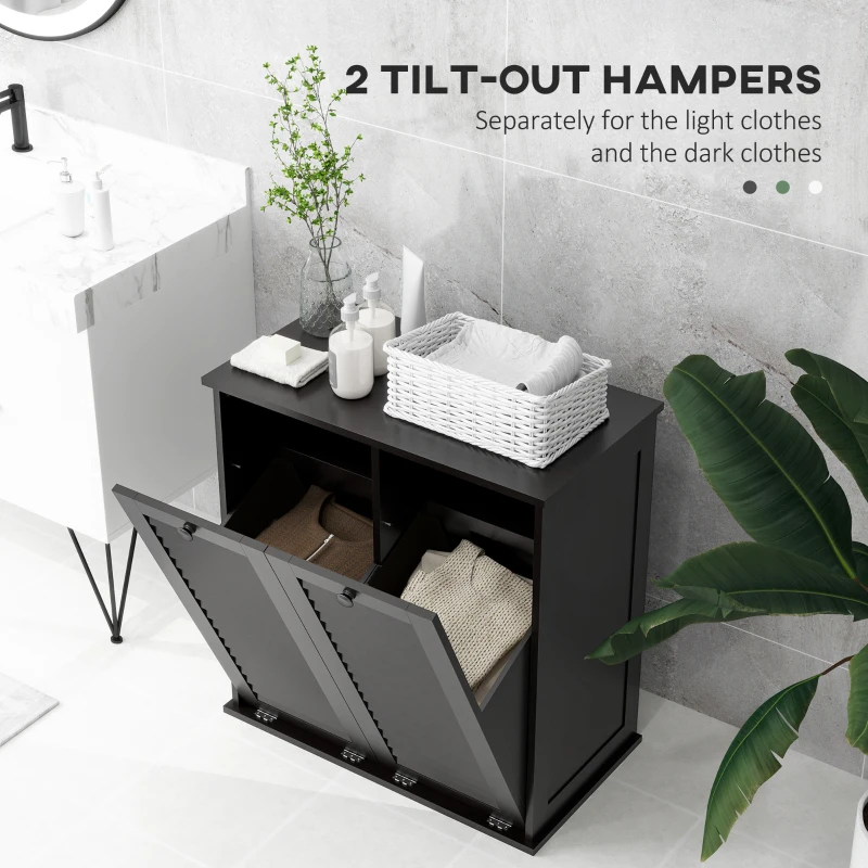 HOMCOM Tilt Out Laundry Cabinet, Laundry Basket Cabinet with 2 Baskets and 2 Louvered Doors, Black