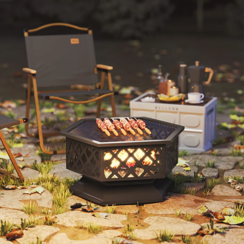 Outsunny 28" Outdoor Fire Pit with Grill Hexagon Fireplace Wood Burning Firepit with Cooking Grate, Fire Poker, Spark Screen Lid