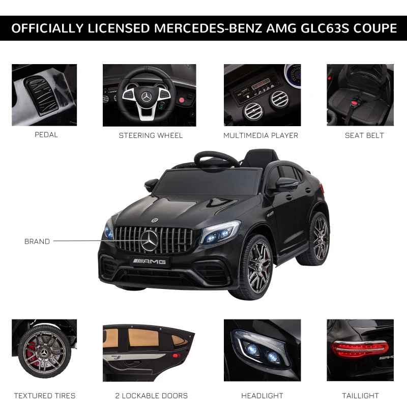 Aosom 12V Toddler Ride On Car with Remote Control, Mercedes Benz AMG GLC63S Coupe, Electric Car with 2 Speed, MP3 Player, Light, Horn, Songs, Suspension, Black(m-7)