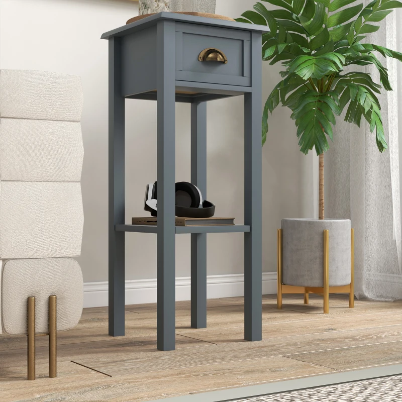 HOMCOM 2-Tier Side Tables Set of 2 with Drawer and Shelf, 2 Pieces End Tables for Living Room and Hallway, Gray