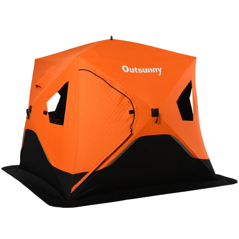 Outsunny 4 Person Ice Fishing Shelter Insulated Waterproof Portable Pop Up Ice Fishing Tent with 2 Doors for Outdoor Fishing, Orange