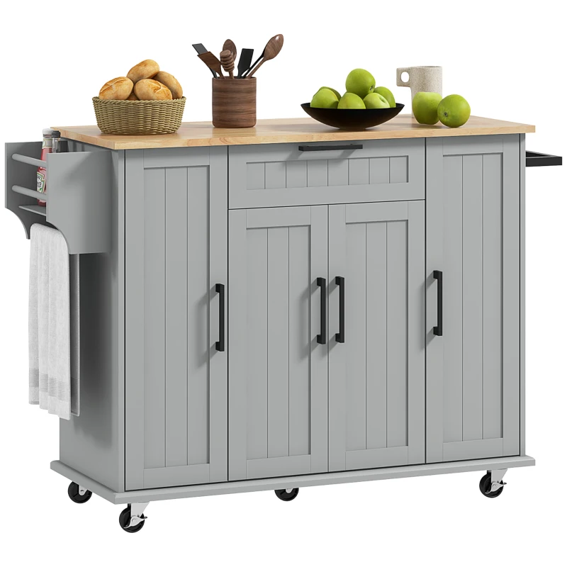 HOMCOM Modern Rolling Kitchen Island Cart with Drawers, Natural Wood Top, Towel Rack, Door Storage Cabinet, Grey