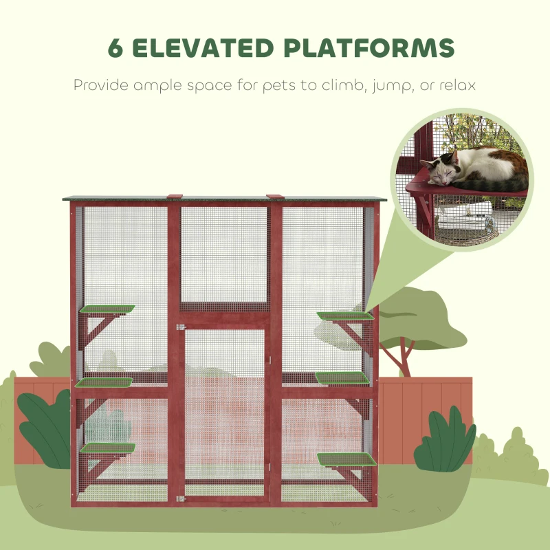 PawHut 71" x 39" x 71" Cat Cage, Large Outdoor Wooden Cat Patio with 6 Balanced Platforms and Asphalt Roof, Wine Red