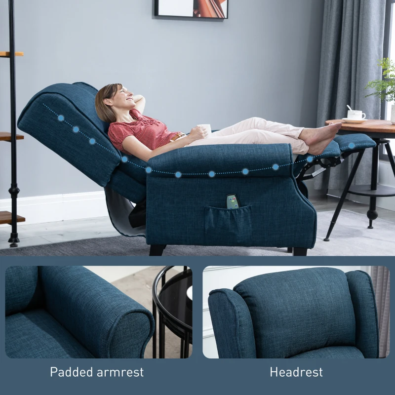 HOMCOM Vibration Massage Recliner Chair for Living Room with Heat,  Wingback Single Sofa, Modern Linen Fabric Push Back Reclining Chair with Footrest, Side Pocket,  Dark Blue