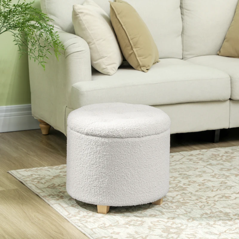 HOMCOM 18" Round Ottoman with Storage, Teddy Fleece Button Tufted Foot Stool with Lid, Wood Legs for Living Room Hallway, White