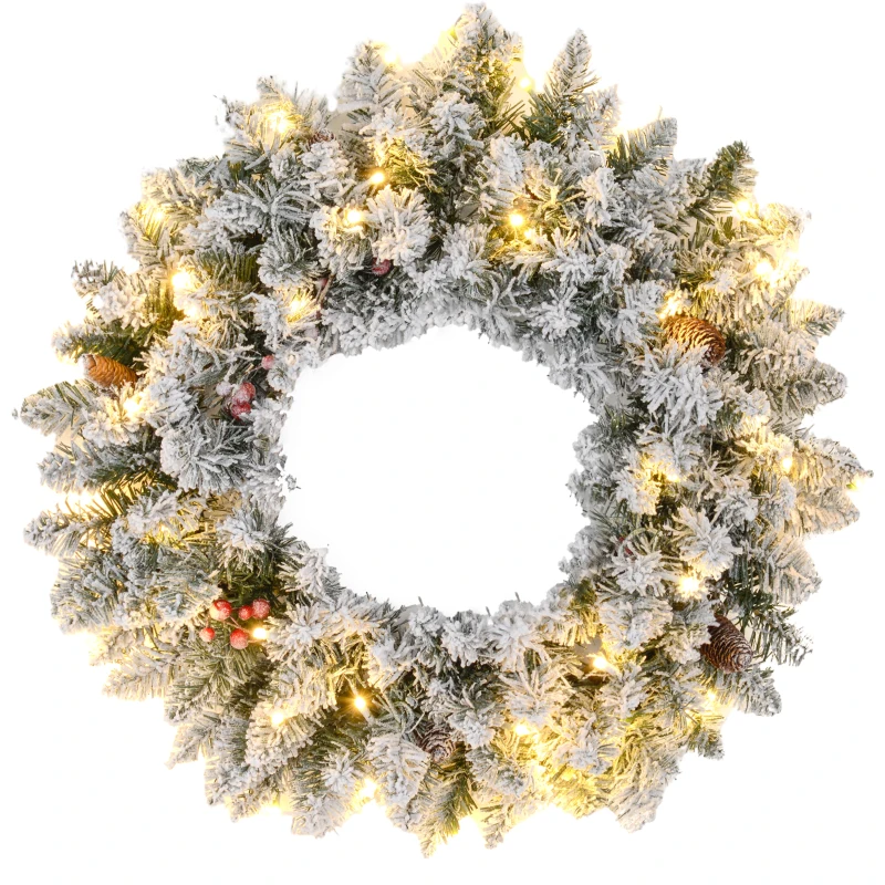 HOMCOM 24" Christmas Front Door Wreath with Lights Flocked Christmas Wreath with Pine Cones and Berries for Windows Green