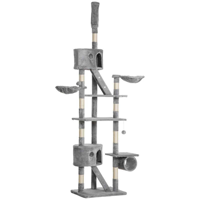 PawHut 94"-102" Huge Cat Tree Ceiling High Cat Condo Scratching Post Activity Center Multi-Level Play House Light Grey