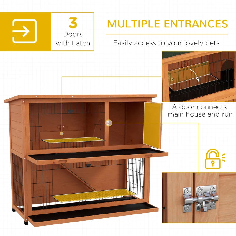 PawHut Wooden Rabbit Hutch with Trays, Ramp, Asphalt Roof, Doors for 1-2 Rabbits, 47" x 20" x 40", Orange