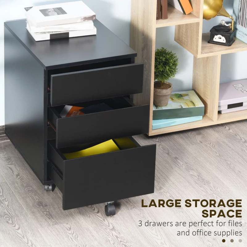 HOMCOM 3 Drawer Storage Cabinet, Mobile Desk Cabinet Under Desk with Wheels, Printer Stand for Home Office, Black