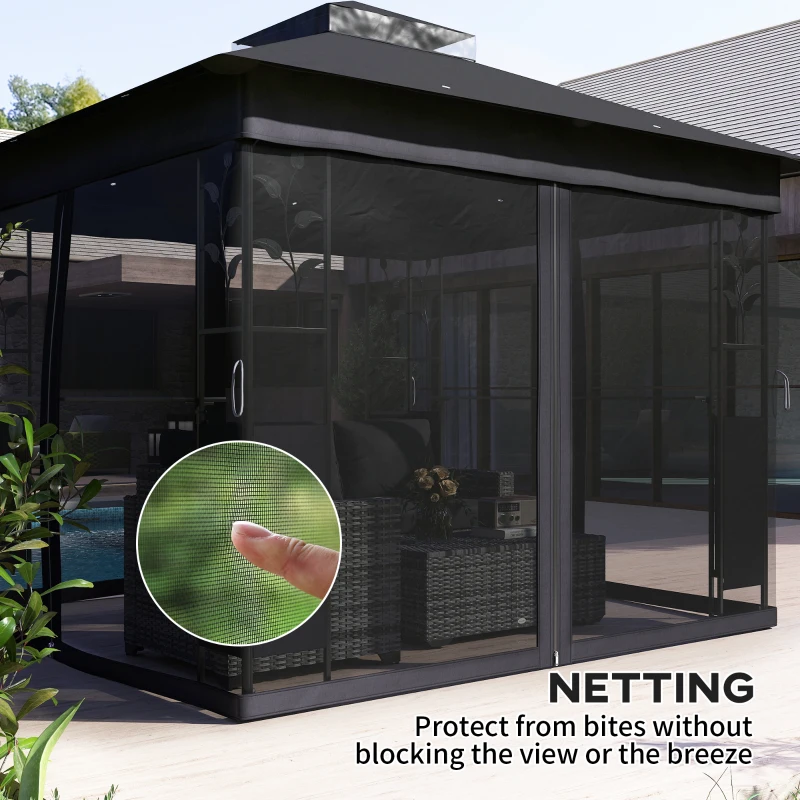 Outsunny 10' x 10' Outdoor Gazebo with Shelves and Netting, UV30+ Double Roof Patio Gazebo for Lawn, Backyard and Deck