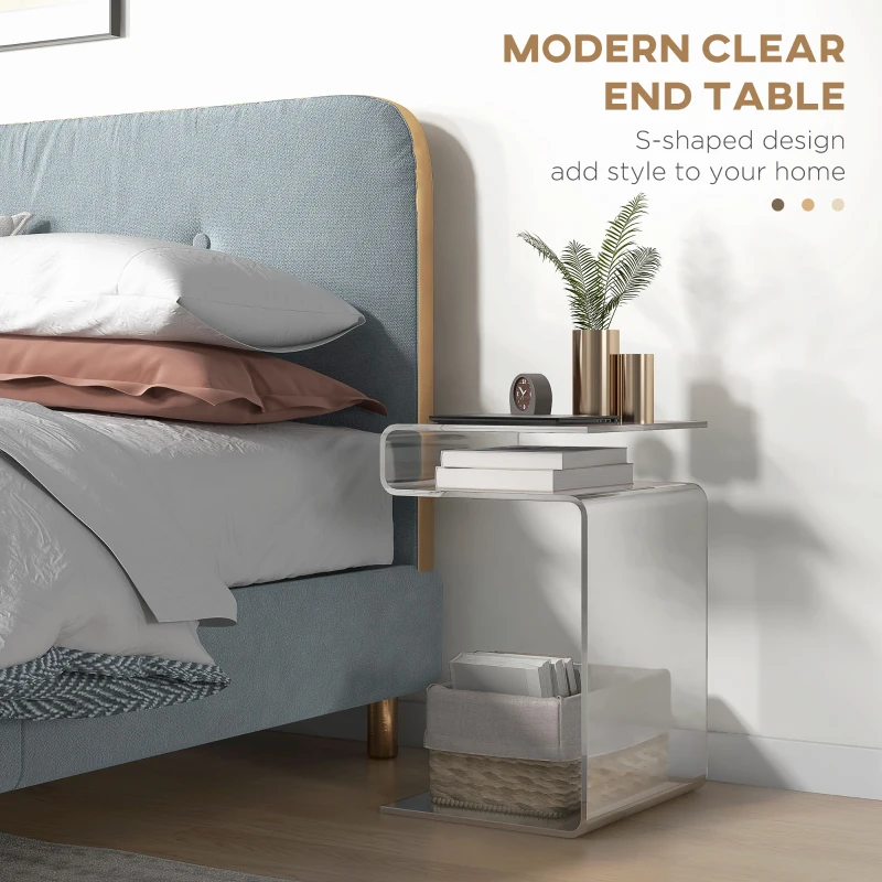 HOMCOM Modern Acrylic End Table, 2-Tier S-Shaped Side Table for Living Room, Small Spaces, 14.25" x 16.25" x 23", Clear