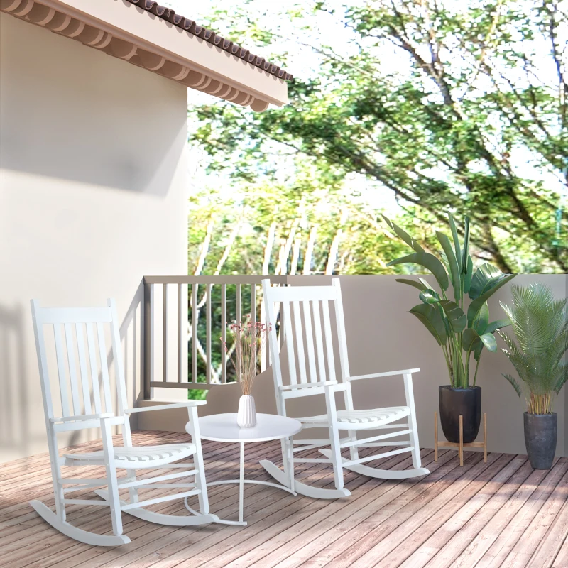 Outsunny Outdoor Rocking Chair, Patio Wooden Rocking Chair with Smooth Armrests, High Back for Garden, Balcony, Porch, Supports Up to 352 lbs, White