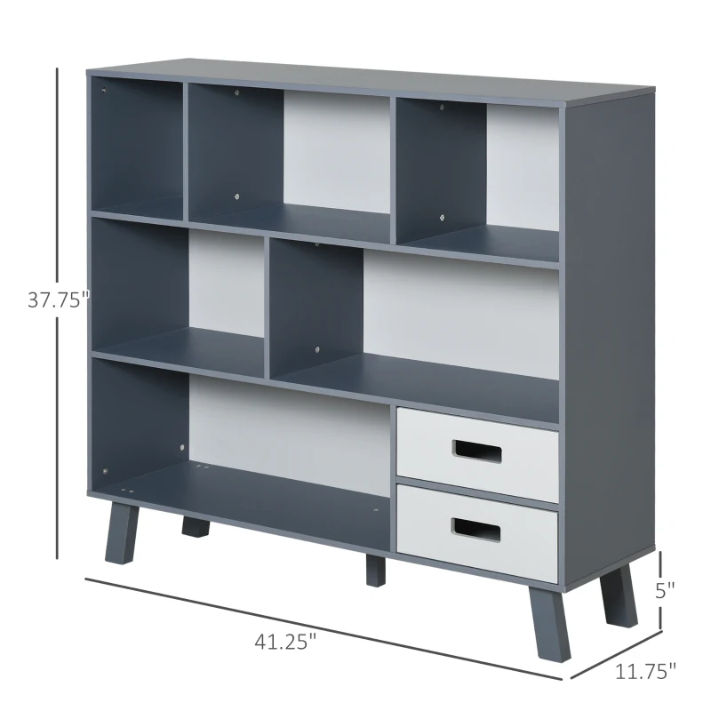 HOMCOM 3-Tier Child Bookcase Open Shelves Cabinet Floor Standing Cube Storage Organizer with Drawers - Gray