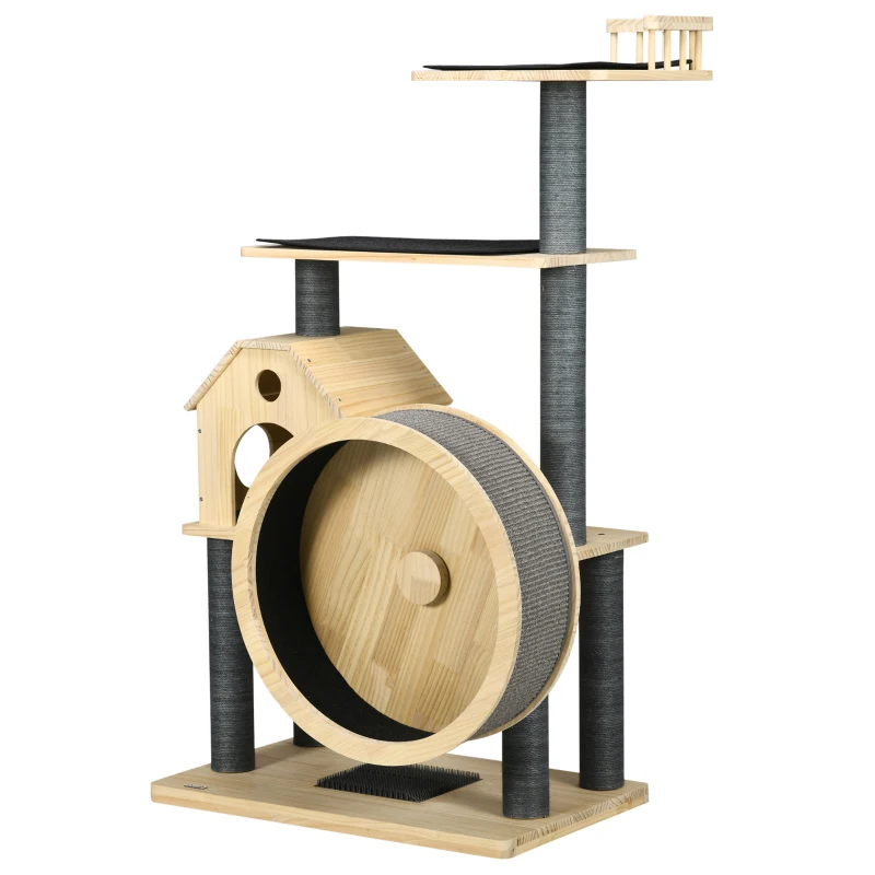 PawHut 56" Cat Tree Activity Condo Luxury Pine Wood  with Hamster-Wheel, Sisal Scratching Posts, Elevated Perches, & Roomy Interior