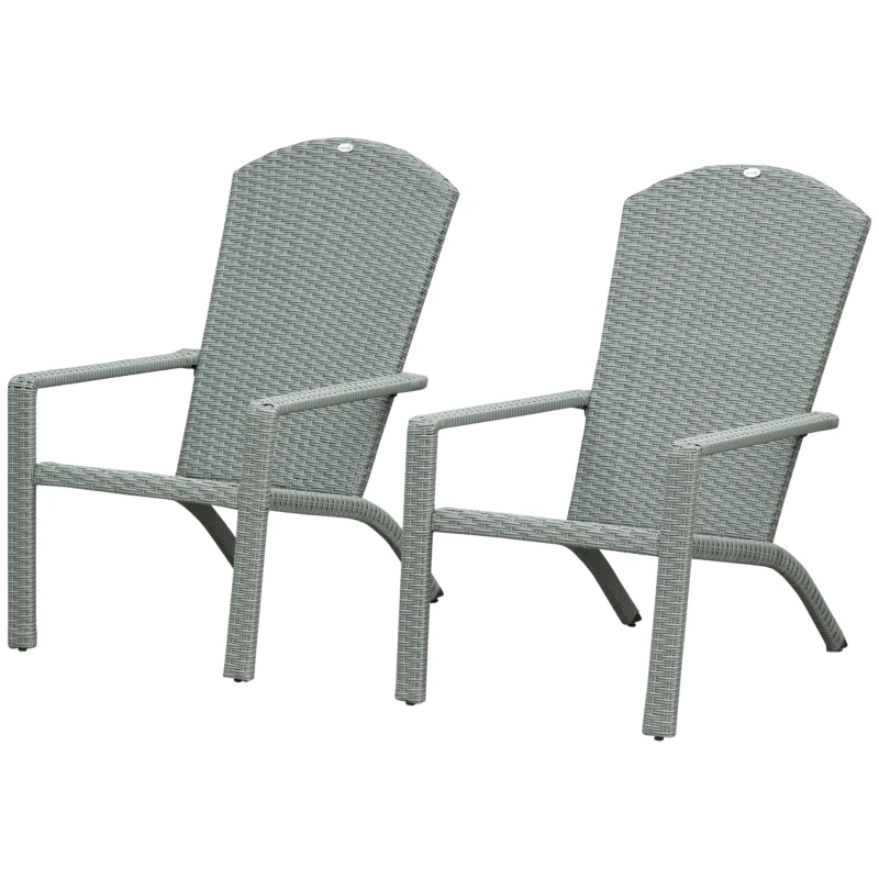 Outsunny 2 Pieces Adirondack Chair Patio Wicker Muskoka Chair, Outdoor PE Rattan Fire Pit Chair for Poolside, Balcony, Deck, Garden, Backyard, Light Grey