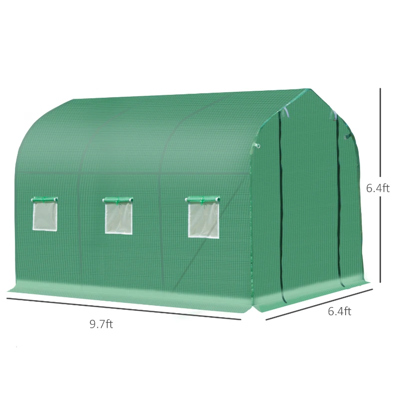 Outsunny 9.7' x 6.4' x 6.4' Steeple Walk-in Tunnel Greenhouse Garden Plant Seed Grow Tent Polythene with Windows and Door Green