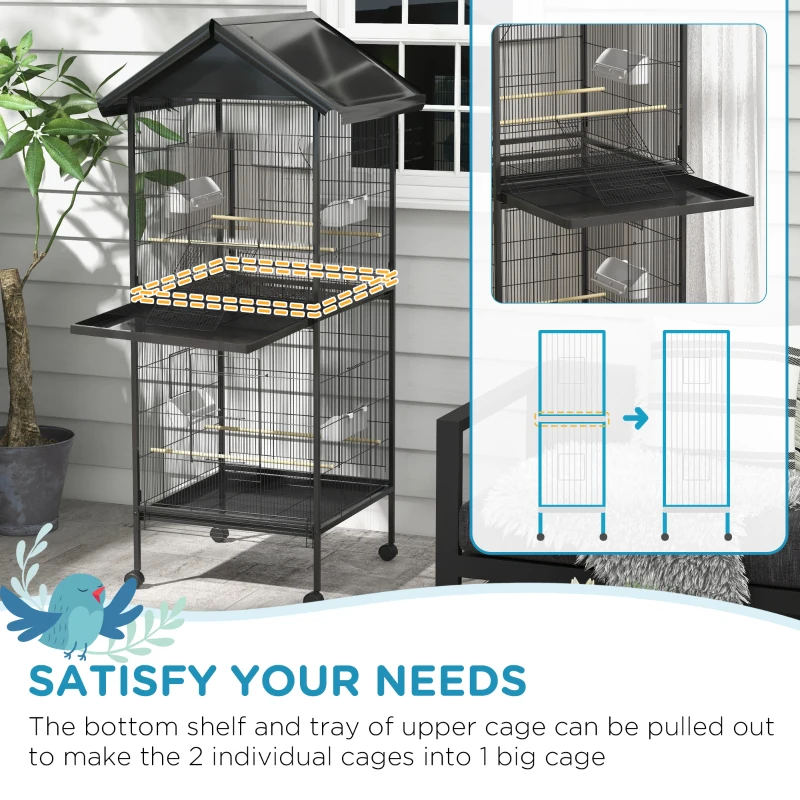 PawHut Wrought Metal Bird Cage Feeder with Rolling Stand Perches Food Containers Doors Wheels 67" H, Black