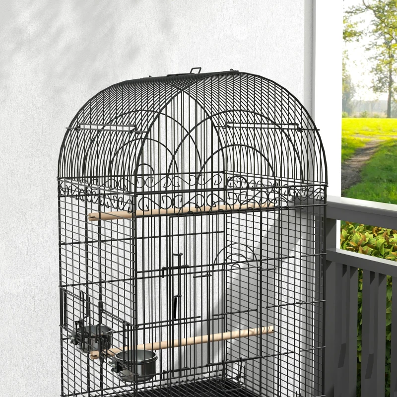 PawHut Play Open Top Bird Cage 60" Parrot Cage for Cockatiel, Sun Conure with Rolling Stand, Removable Tray, Perches, Storage Shelf Black, 20.1" x 20.1"