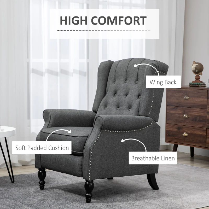 HOMCOM Fabric Recliner Chairs for Living Room, Push Back Reclining Chair with Wingback, Button Tufted, Nail Head Trim, Footrest, Dark Grey