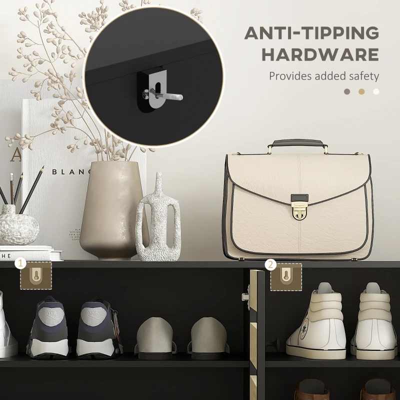 HOMCOM Shoe Cabinet with 3 Slatted Doors, 3-tier Shelving Rack Cabinet with Adjustable Shelves for 15 Pairs of Shoes, Black