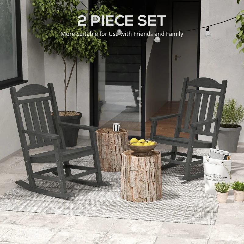 Outsunny 2PCs Outdoor Rocking Chair with Armrests, Fade-Resistant Waterproof HDPE for Indoor & Outdoor, Dark Gray
