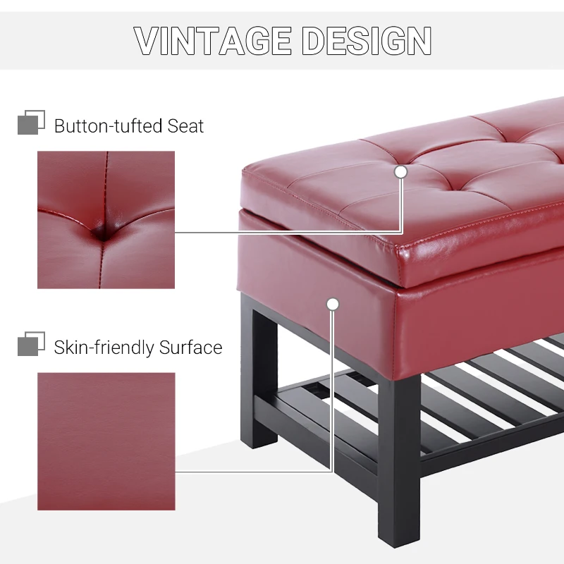 HomCom 44" Tufted Faux Leather Ottoman Storage Bench With Shoe Rack- Crimson Red
