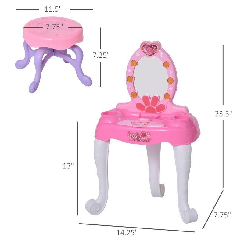Qaba Kids Vanity Table and Chair Beauty Pretend Play Set with Mirror Lights Sounds & Pretend Beauty Makeup Accessories for Girls 3+ Years Old