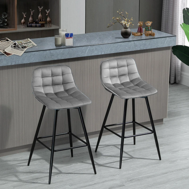 HOMCOM Bar Stools Set of 2, Fabric Upholstered Counter Height Bar Chairs, Kitchen Chairs with Back and Metal Legs, Grey