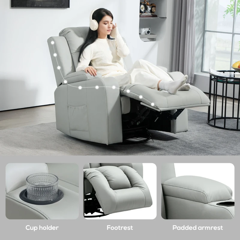 HOMCOM Recliner Chair with 8 Vibration, Overstuffed PU Leather Reclining Chair with Wide Seat, Cup Holders, Rocking, Light Grey