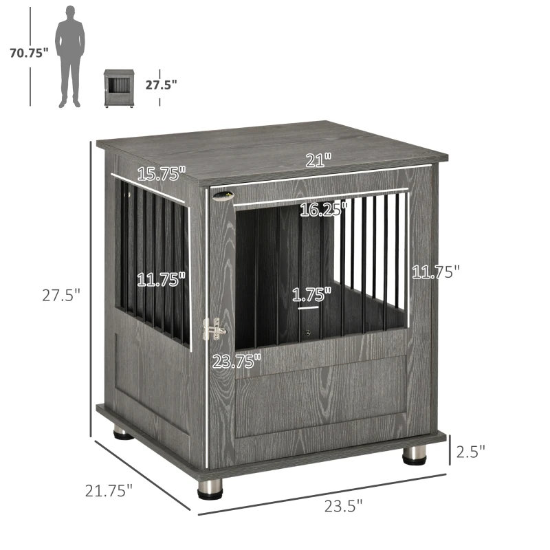 PawHut Dog Crate Furniture, Wooden End Table Furniture with Lockable Magnetic Doors, Small Size Pet Kennel Indoor Animal Cage, Gray