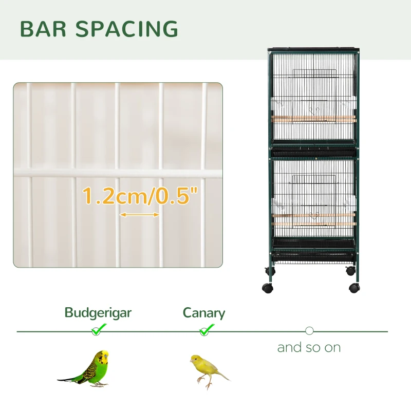 PawHut 55.1" 2 In 1 Bird Cage Aviary Parakeet House for finches, budgies with Wheels, Slide-out Trays, Wood Perch, Green